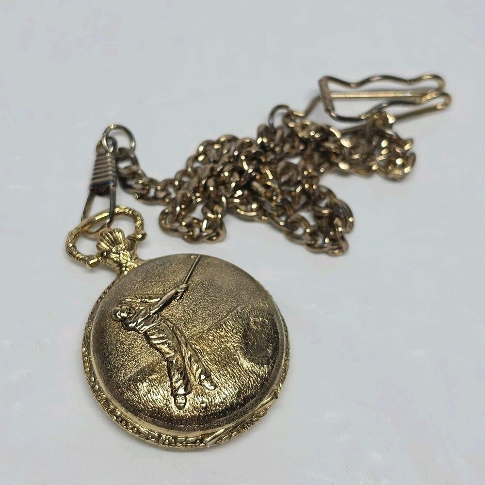 Vintage Midwest Traders Metal Gold Tone Quartz Golfer Pocket Watch With Chain